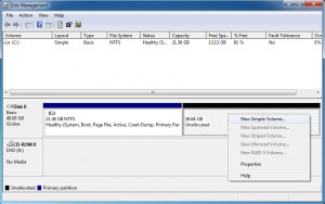Create new simple volume from unallocated space using Disk Management Tool