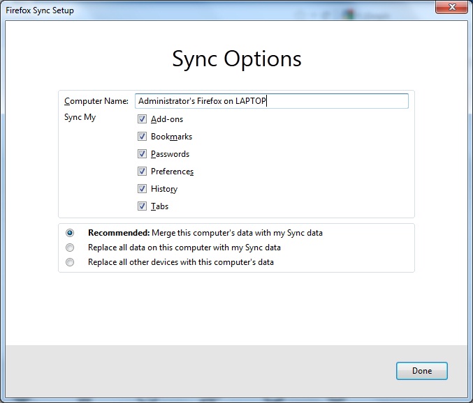 Firefox Sync Setup Sync Options for second device
