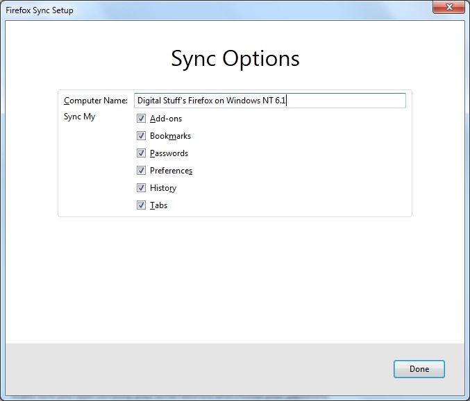 Firefox Sync Setup Sync Options