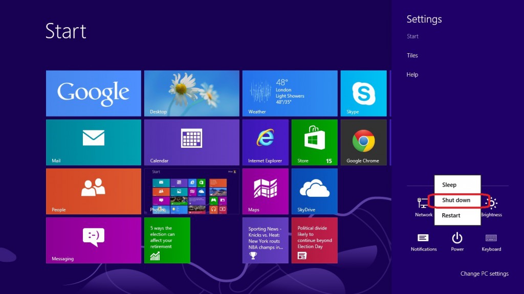 Shut down Windows 8 through Charm settings menu