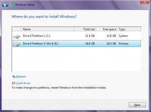Prompt window to choose location where to install Windows 8