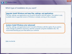 Choosing the type of installation during Windows 8 Setup process