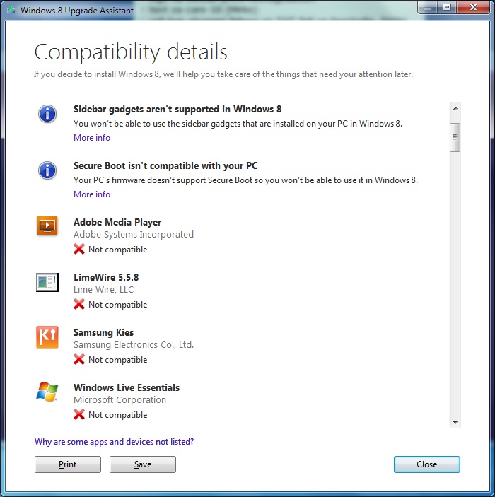 Windows 8 Upgrade Assistant example of not compatible apps