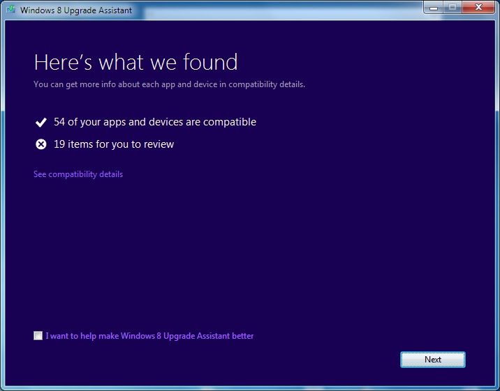 Windows 8 Upgrade Assistant screen after check is completed