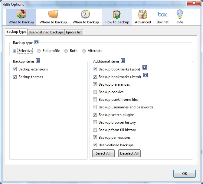 Configure Backup type in FEBE Options