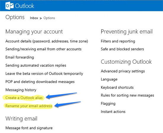 Create Outlook alias or rename email address