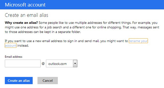 Create email alias in Outlook.com