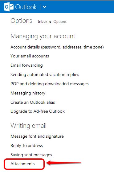 Outlook Options menu