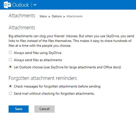 Outlook attachments options