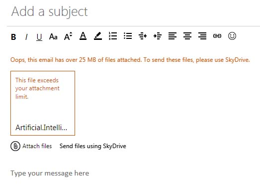 Warning message when uploading files to Outlook larger than 25 MB
