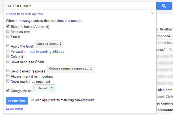 Create filter for emails sent by Facebook