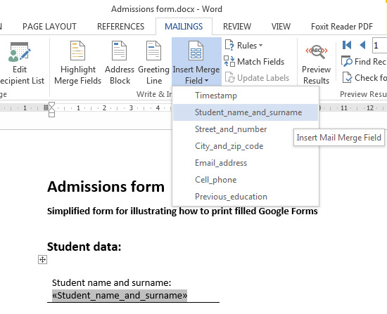 mail merge insert fields