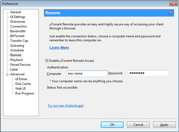 torrent configuration for remote access