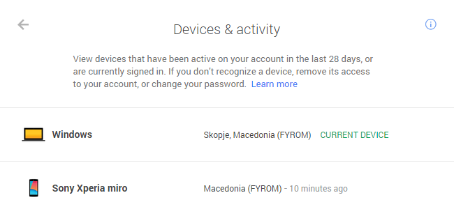 Devices list - Google Account & activity