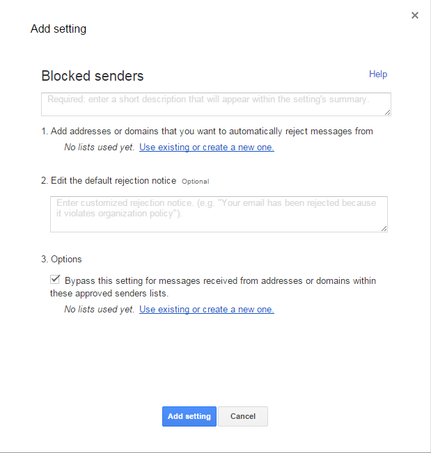 Google Apps configure blocked senders